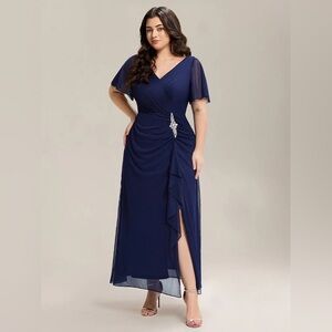🆕Plus Size Rhinestone Embellished Chiffon Ruffle Sleeve Dress